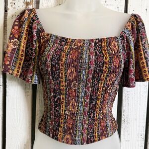 Live to Be Spoiled Off Shoulder Crop Top Medium Smocked Boho Floral Hippie Fairy